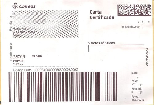 Etiqueta Grande. Nueva. Carta certificada. 0368001-Aspe. Inicio código envío. 2019-03-06. 7,90 euros. 10x14,5. Baja.jpeg