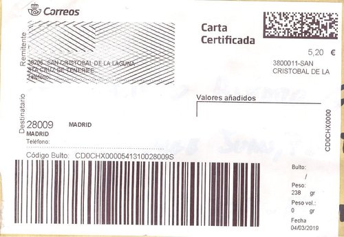 Etiqueta Grande. Nueva. Carta certificada. 3800011-San Cristobal de la (Laguna). Inicio código. 5,20. 2019-03-04. 10x14,5. Baja.jpeg