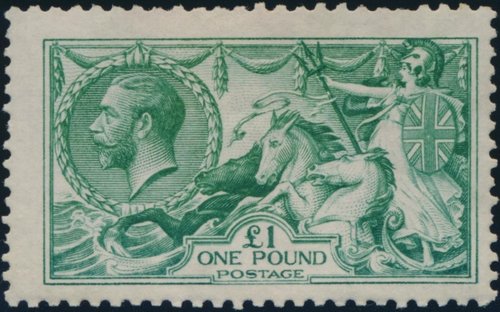 Gran Bretaña, 1913, Britannia y los caballos sobre el mar. Sello diseñado por Bertram Mackennal y grabado por John Augustus C. Harrison. Uno de los valores impresos por Waterlow Brothers &amp; Layton. Calcografía