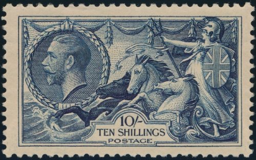 Gran Bretaña, 1934, Britannia y los caballos sobre el mar. Uno de los valores impresos por Waterlow &amp; Sons en 1934, tras ser regrabado con algunas diferencias, así por ejemplo las líneas entrecruzadas al fondo del retrato de Jorge V, o los perfiles de dos de los caballos. Calcografía