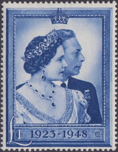 Gran Bretaña, 1948, Bodas de Plata de Jorge VI e Isabel Bowes-Lyon. Sello diseñado por Joan Hassall. Huecograbado