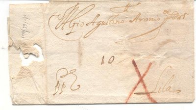 Sobrescrito de Bilbao a Lilas ( Lille ) 1672. Marcas de porte 10 Patars, porte `pagado en lille y X en granate propio de los tassis.<br />Remite Matheo de Montiano, que fue Prior en 1670-1.