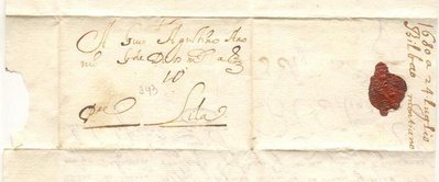Sobrescrito de Bilbao a Lilas 1680. Porteo manuscrito de 10 Patars. y pte. Porte a pagar en destino. <br />Remite Agustin de Montiano, consul de la Universidad; e hijo del anterior