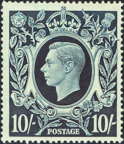 Gran Bretaña, 1939-48, Jorge VI. Uno de los valores calcográficos (1942) de este sello diseñado por George Bellew y grabado por John A. C. Harrison. Calcografía
