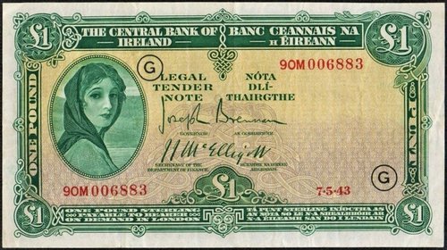 Uno de los billetes irlandeses de menor facial en el que vemos un primer plano del retrato de John Lavery, con la bella dama grabada por John A. C. Harrison sin la mano en el mentón, a propuesta del mismo grabador