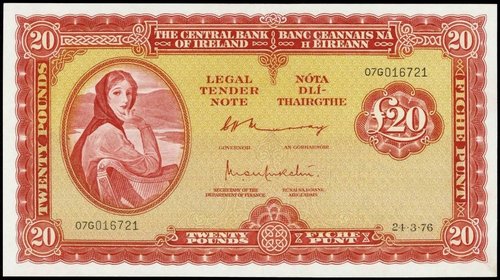 Billete irlandés con el retrato de John Lavery igual en perspectiva y detalles a la obra original que fue usado en los billetes de mayor valor facial, a partir de 10 libras y hasta 100