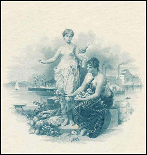 Alegoría de la Prosperidad, grabada por George F. C. Smillie para Homer Lee Bank Note Co. en 1888, partiendo de una pintura de Paul Thumann, “Las parcas”