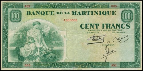 La alianza de Foringer y Savage produjo los más bellos billetes del siglo XX. Anverso de un billete de Martinica (1942) confeccionado por la American Bank Note utilizando un grabado anterior de Savage de una obra de Foringer