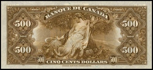 Reverso de un billete de Canadá de 1935, con una alegoría de la fertilidad grabada por Robert Savage a partir de una pintura de Alonzo E. Foringer
