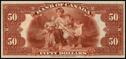 Reverso del billete canadiense de 1935 de 50 dólares. Robert Savage, sobre una obra de Alonzo E. Foringer, grabó esta majestuosa alegoría de las invenciones modernas