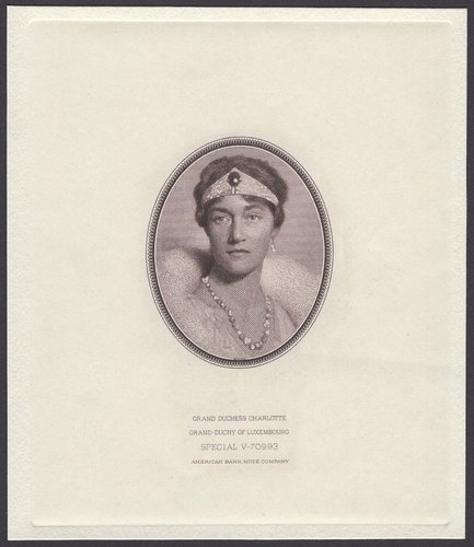 Retrato de la Gran Duquesa Charlotte, grabado por Savage a principios de los años treinta y usado después en billetes de Luxemburgo. Edwin Gunn finalizó este grabado con algunos retoques