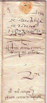 Sobrescrito de Bilbao a Medina del Campo, 20 Agosto de 1565, Manuscrito &quot; con correo de la Nacion (borrado) Universidad &quot;.