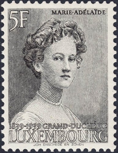 Marie Adélaïde de Luxemburgo grabada en 1939 por Samuel Louis Hartz para una serie conmemorativa de Luxemburgo