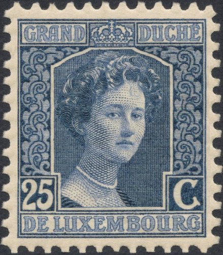 La Gran Duquesa Marie Adélaïde de Luxemburgo grabada por Ferdinand Schirnböck en 1914 para los sellos básicos del Ducado