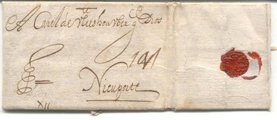 Sobrescrito De Bilbao a Niueport, Flandes. Porteos manuscrito, 11 tachado (?), 10 y XII, asi como filigana y lineas paralelas. (?)<br />El rmitente es el comerciante originario de Amberes y residente en Bilbao, Juan Jeronimo Olimaers.