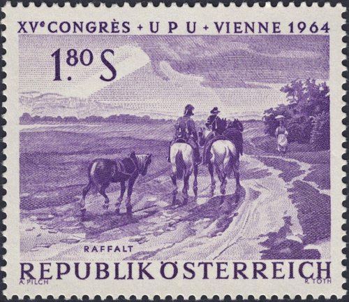 El gran sello austríaco de 1964, perteneciente a la serie del Congreso de la UPU en Viena, diseñado por Adalbert Pilch y grabado por Rudolf Toth. Calcografía