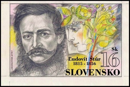 Diseño original de Jozef Baláž para el sello de Ľudovít Štúr  emitido por Eslovaquia en 1995