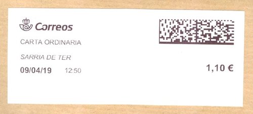 Etiqueta térmica digital. Nueva. Sarriá de Ter. Carta ordinaria. 2019-04-09. 12.50. 4,1x10. 1,10 euros.jpeg