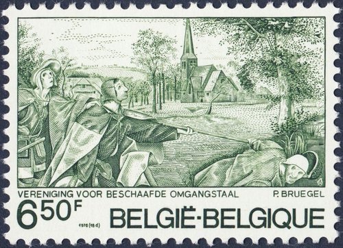 Bélgica, 1976, “La parábola de los ciegos” (fragmento), de Pieter Brueghel el Viejo. Sello diseñado y grabado por Jean de Vos. Calcografía