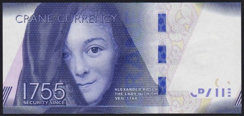 Muestra calcográfica publicitaria de billetes de banco realizada por la compañía Crane Currency