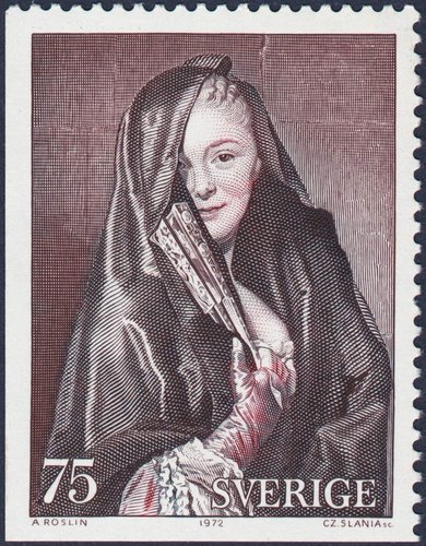 Suecia, 1972, “Mujer con velo”, de Alexander Roslin. Sello diseñado y grabado por Czeslaw Slania. Calcografía