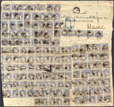 1870. 50 mils azul, ciento cuarenta y seis sellos. Frente de Plica Judicial dirigida a VALLADOLID..jpg
