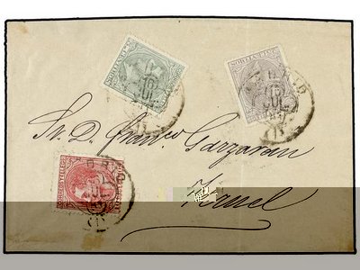 1881. MADRID a TERUEL. 25 cts. gris, para el pago del correo y 5 cts. verde y 10 cts. rosa para el pago de la tarifa de alcance. Precioso franqueo tricolor.jpg