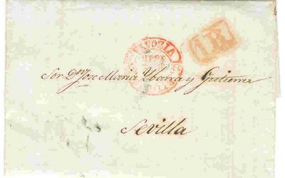 1848.Envuelta de Bilbao a Sevilla. Baeza de Bilbao y porteo 1R de Sevilla.<br />Dirigida a D. Jose Maria Ibarra, cofundador junto con el catalan Narciso Bonaplana de la feria de Sevilla.