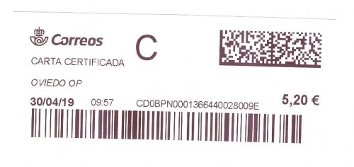 Etiqueta térmica digital. Nueva. Oviedo OP. Carta certificada. 2019-04-30. 09.57. 4,2x10. 5,20 euros.jpeg