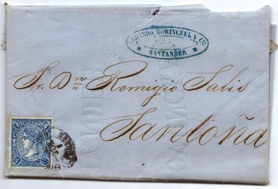 Anverso con matasello comercial de Santander y fechador tipo 1857 que no es de Santander capital.