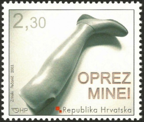 Croacia, 2003, ¡Precaución, minas! (Oprez Mine!). Sello diseñado por Maja Danica Pečanić. Impresión en offset
