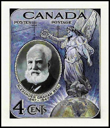 Diseño definitivo y adoptado de H. H. Schwartz para el gran sello canadiense de 1948 dedicado a Graham Bell