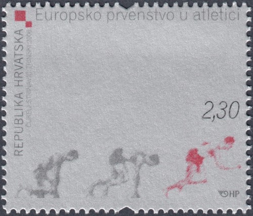 Croacia, 2006, Campeonato Europeo de Atletismo. Sello diseñado por Ivana Čukelj y Tatjana Strinavić, que utilizan una fotografía de Ivo Pervan. Impresión en offset