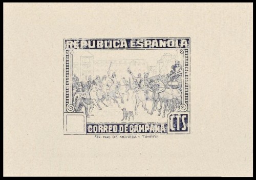 1939. España. Prueba de estado de uno de los sellos del Correo de Campaña, en azul, sin el valor y con el centro sin terminar. Este sello es el No Expendido 49-50, impreso en litografía
