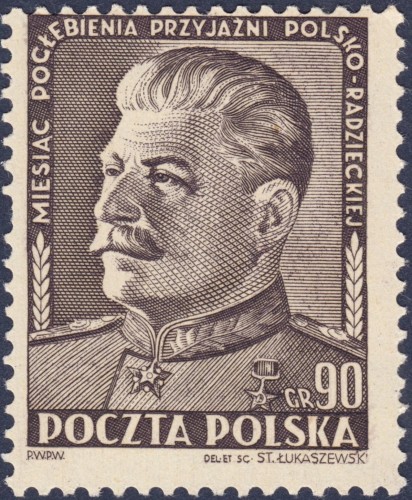 Polonia, 1951, Mes de la hermandad polaco soviética. Iósif Stalin. Sello diseñado y grabado por Stefan Łukaszewski, emitido en 2 valores calcográficos