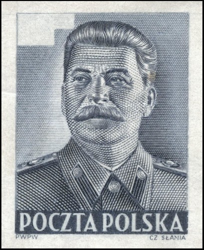 Impresión en azul del retrato de Stalin grabado por Slania entre 1950 y 1951, y que no está claro si es la segunda o tercera versión sobre un mismo diseño de grabado