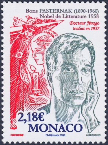Mónaco, 2008, Boris Pasternak. Sello diseñado por Chichkine, partiendo de una obra propia, y grabado por Pierre Albuisson. Calcografía