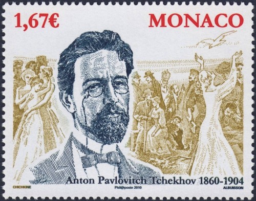 Mónaco, 2010, 150 aniversario del nacimiento de Antón Chéjov. Diseño de Gueorgui Chichkine y grabado de Pierre Albuisson. Calcografía