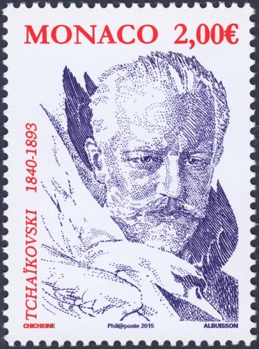 Mónaco, 2015, Piotr Ilitch Tchaïkovski. Diseño de Gueorgui Chichkine y grabado de Pierre Albuisson. Calcografía