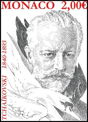 Diseño final y adoptado de Chichkine para el sello de Tchaïkovski emitido por Mónaco en 2015. Tinta y acuarela
