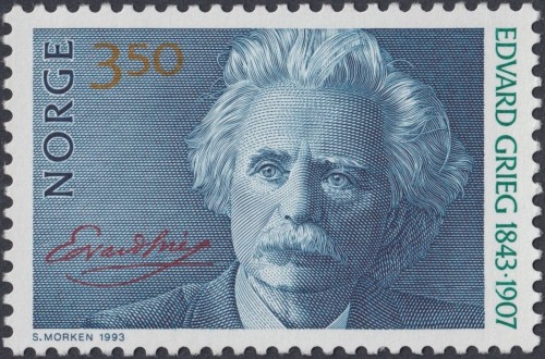 Noruega, 1993, Edvard Grieg. Diseño y grabado de Sverre Morken; calcografía y offset