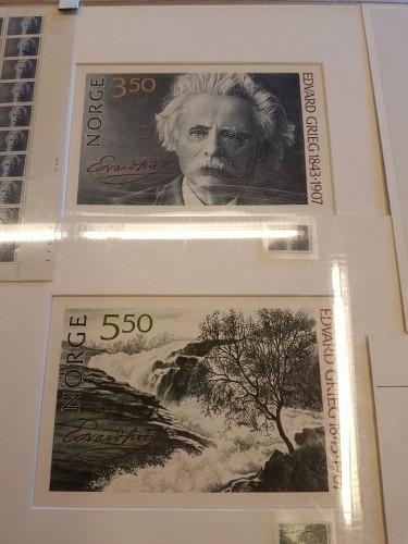 Acuarelas de Sverre Morken con los diseños adoptados en la emisión noruega de Edvard Grieg de 1993