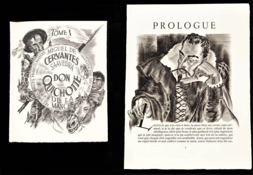 Qué página de prólogo del Quijote… Decaris ilustró esta edición babilónica con casi 300 láminas. Les Bibliophiles Franco-suisses, 4 volúmenes, 1951-1954