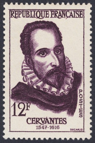 Francia, 1957, Miguel de Cervantes. Sello diseñado y grabado por Albert Decaris. Calcografía