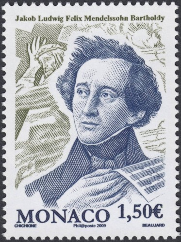 Mónaco, 2009, Felix Mendelssohn. Sello diseñado por Gueorgui Chichkine y grabado por Yves Beaujard. Calcografía