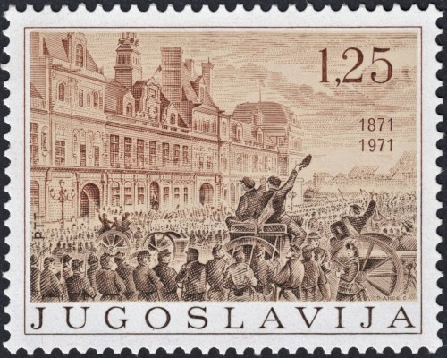 Yugoslavia, 1971, Centenario de la Comuna de París. Sello diseñado por Dragiša Andrić, a partir de un grabado de A. Lamy para “Le Monde Illustré” en abril de 1871. Calcografía y offset