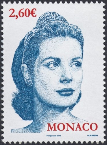 Sello de Grace Kelly emitido por Mónaco a principios de 2018, diseñado y grabado por Pierre Albuisson. Calcografía