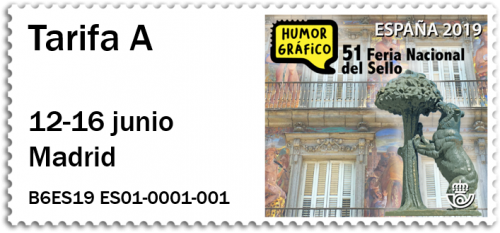 Madrid. 2019-06-12 al 16. 51 Feria Nacional del Sello. Matasellos. Etiqueta ATM. Oso y madroño.png