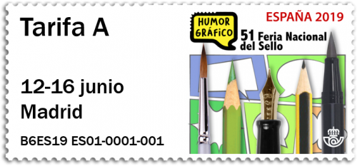 Madrid. 2019-06-12 al 16. 51 Feria Nacional del Sello. Matasellos. Etiqueta ATM. Lápices. Humor.png
