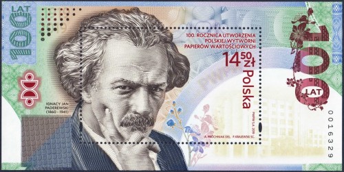 Polonia, 2019, Centenario de la Casa de impresión Polska Wytwórnia Papierów Wartościowych; Ignacy Jan Paderewski. Hojita diseñada por Agnieszka Próchniak; retrato grabado por Przemysław Krajewski. Calcografía y offset